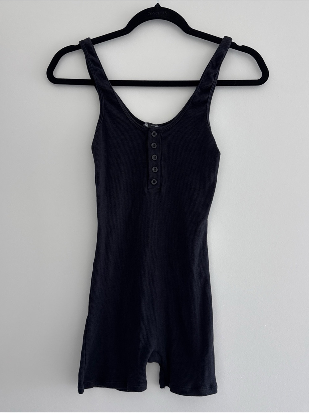 Black Ribbed Button-Front Sleep Romper